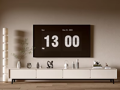 Modern White TV Stand With Decorative Items Clock On Beige Wall Wooden Floor 3d model