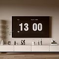 Modern White TV Stand With Decorative Items Clock On Beige Wall Wooden Floor