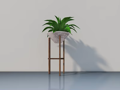 Lush Green Bonsai Potted Plant with Long Leaves in White Pot on Brown Metal Stand 3d model