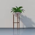 Lush Green Bonsai Potted Plant with Long Leaves in White Pot on Brown Metal Stand