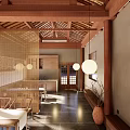 Traditional Teahouse Interior Design With Wooden Roof Beams White Lanterns Bamboo Screens And Stone Flooring