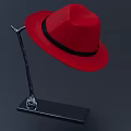 Stylish Red Fedora Hat Displayed On Black Metal Stand With Base 3d model