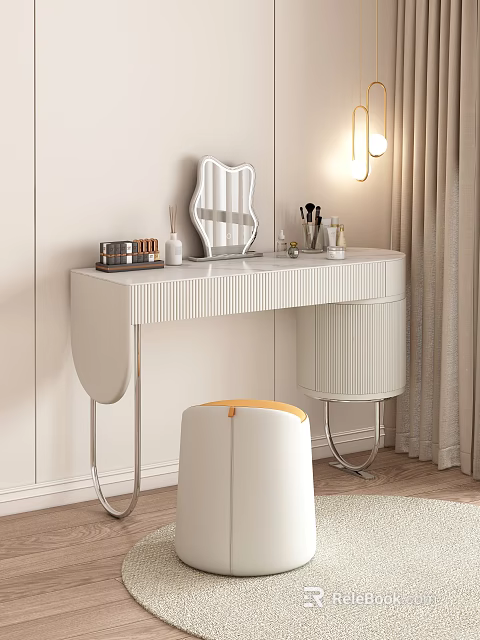 Modern White Dressing Table With Ribbed Design Mirror Cosmetics And Yellow Cushioned Stool 3d model