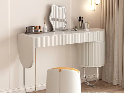 Modern White Dressing Table With Ribbed Design Mirror Cosmetics And Yellow Cushioned Stool 3d model