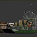 Model Scene With American Flag Yellow Black Boxes Wooden Barrel And Green Platform