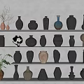 Ceramic Vessels Display With Various Colors Shapes On White Shelves Green Plant Dried Branches