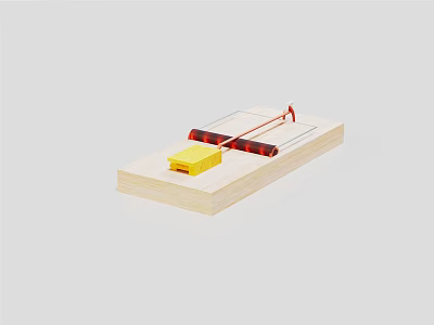 Mouse Trap With Wooden Base Yellow Bait And Metal Spring Structure 3d model