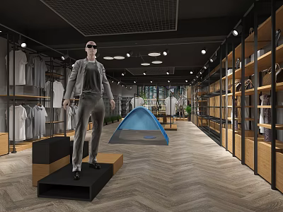 Modern Clothing Store Interior With Mannequin Display Tent Clothes And Shelves 3d model