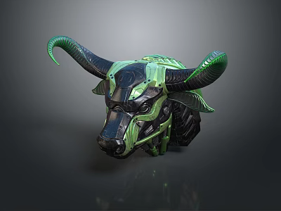 Sci fi Character With Futuristic Mechanical Bull Head Green Horns And Black Armor 3d model