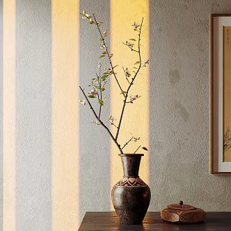 Quiet Antique Flower-arranging Porch Ornaments Vase Pottery Pot Dried-branch Pottery Pot Combination Decorative Painting Chinese Style Painting Ornaments 3d model