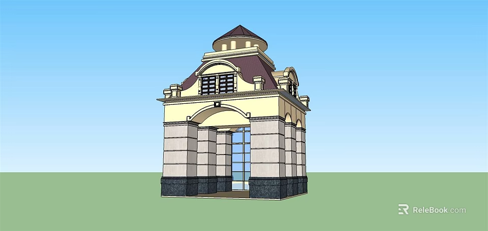 European Style Building Exterior With Red Roof Tower Arched Entrance And Stone Details 3d model 