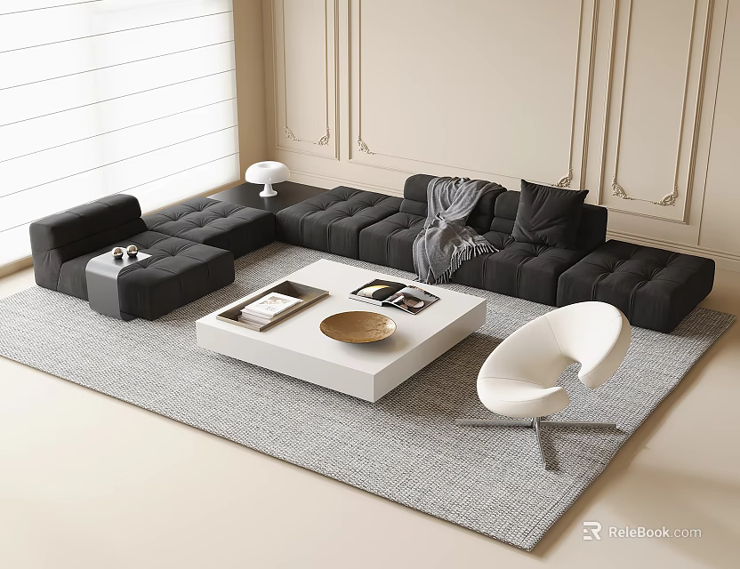 Modern Black L Shaped Sofa and White Square Coffee Table Set with Grey Rug and Decorative Walls 3d model 