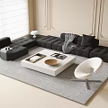 Modern Black L Shaped Sofa and White Square Coffee Table Set with Grey Rug and Decorative Walls