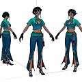 Animated Female Game Character Design With Turquoise Top Blue Flared Pants And Gold Tassel Accessories