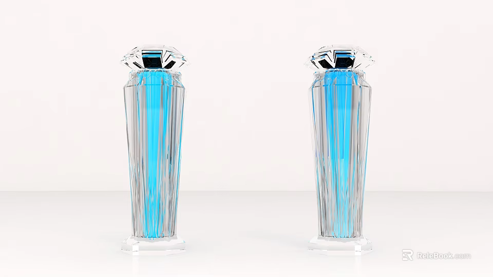 Functional Desk With White Surface And Two Transparent Blue Striped Vases 3d model 