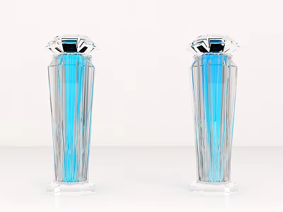 Functional Desk With White Surface And Two Transparent Blue Striped Vases 3d model