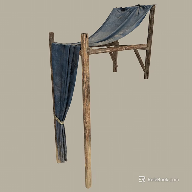 Decorative Ornament Set with Rustic Wooden Frame and Blue Hanging Drapery 3d model 