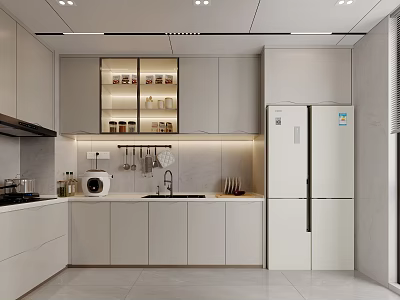 Modern Kitchen Interior With White Cabinets Glass Door Cabinets Refrigerator Sink And Countertop 3d model