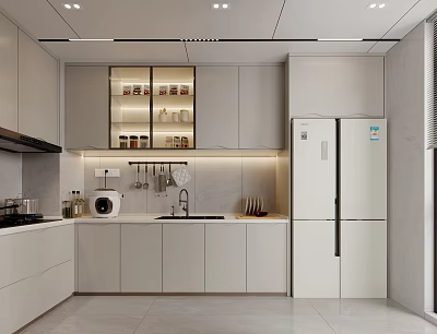 Modern Kitchen Interior With White Cabinets Glass Door Cabinets Refrigerator Sink And Countertop 3d model