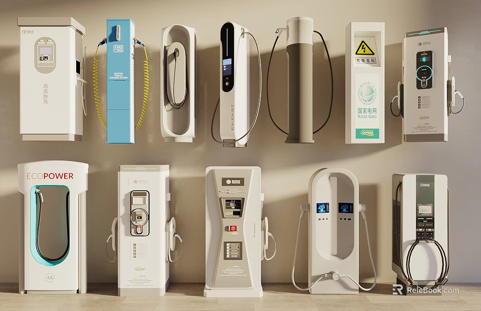 Various Types of Public Electric Vehicle Charging Stations With Wall Mounted Designs 3d model 