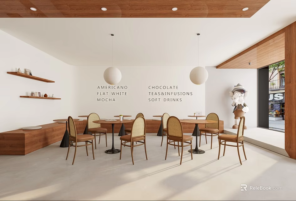 Modern Cafe Interior Design With Wooden Ceiling White Walls Round Pendant Lights And Coffee Drinks 3d model 