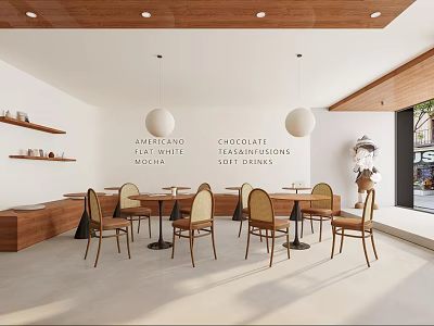 Modern Cafe Interior Design With Wooden Ceiling White Walls Round Pendant Lights And Coffee Drinks 3d model