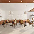 Modern Cafe Interior Design With Wooden Ceiling White Walls Round Pendant Lights And Coffee Drinks