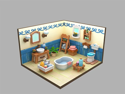 Cartoon Style Bathroom Scene With Bathtub Sink Toilet Mirror Blue Decorations And Plants 3d model