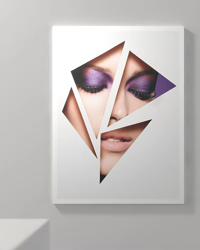 Abstract Female Portrait With Purple Eyeshadow Long Eyelashes And Geometric Cut Design On White Background 3d model