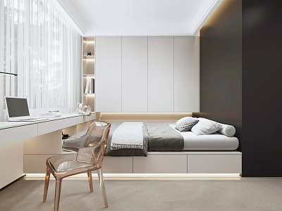 Tatami Bedroom Interior Design With Minimalist Storage Bed Desk And Soft Lighting 3d model
