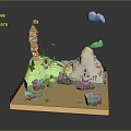 Low Poly Scenic Model With Tower Mountain Boat Trees And Clouds 3d model