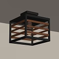 Modern Industrial Square Ceiling Light with Black Frame Wooden Slats and Illuminated Bulb