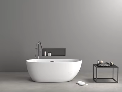 White Freestanding Bathtub In Modern Bathroom With Gray Wall Black Shelf And Side Table 3d model