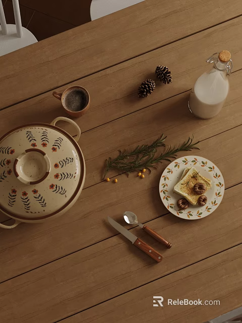 Cozy Rustic Tabletop With Floral Ceramic Pot Toast Plate Rosemary Pine Cones And Milk Bottle 3d model 