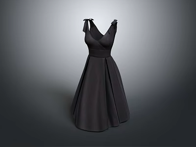 Elegant Black Sleeveless V neck Dress With Bow Shoulder And A line Skirt 3d model