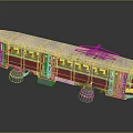 Vintage White Red Bus Model With Worn Rustic Overhead Trolley Wires On Reflective Surface