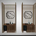Traditional Japanese Decorative Cabinet With Bamboo Frame Octagonal Panel And Bird Patterns