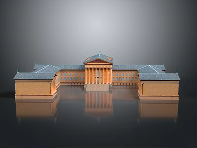 Classical Building Scenery With Symmetric Design Columns Roof And Brick Yellow Exterior Reflections 3d model