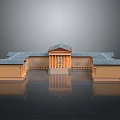 Classical Building Scenery With Symmetric Design Columns Roof And Brick Yellow Exterior Reflections