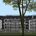Modern Multi Story Townhouse Exterior With Balconies Large Windows Green Lawn And Trees
