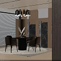 Modern Black Round Dining Table With Brown Chairs And Decorative Items On Rug 3d model