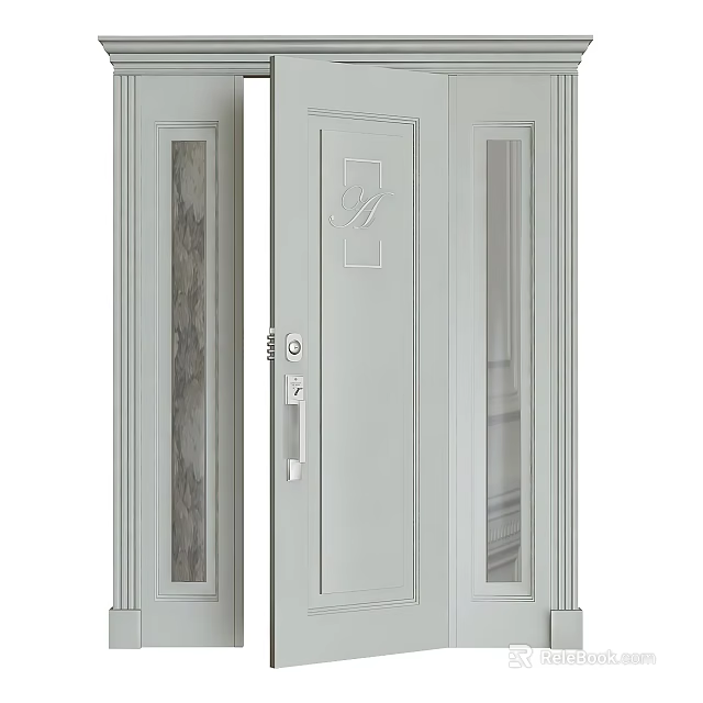 White Hinged Doors With Glass Panels And Modern Decorative Frames 3d model
