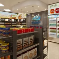 Modern Supermarket Department Store Featuring Well Organized Shelves Various Products Checkout Counter And Beverage Refrigerators