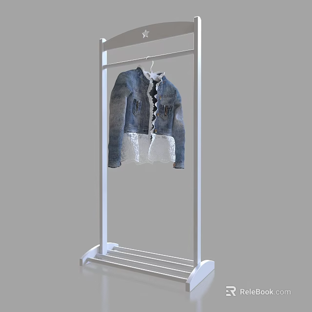 Stylish Denim Jacket With Lace Trim Hanging On White Clothes Rack 3d model 