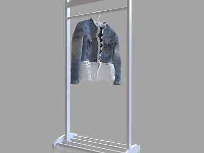 Stylish Denim Jacket With Lace Trim Hanging On White Clothes Rack 3d model