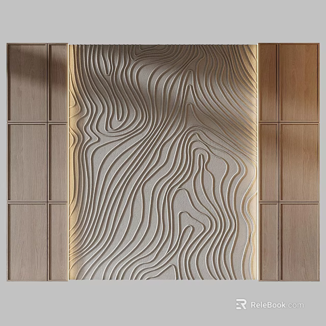 Modern Background Wall With Wavy Texture And Wooden Side Panels Design 3d model 