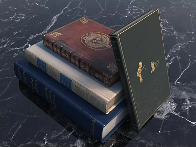 Stack of Classic Books With Various Colored Covers And Gold Accents On Marble Surface 3d model