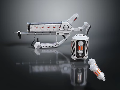 Futuristic Silver Weapon with Red Details and Mechanical Design alongside Companion Devices and Cylindrical Components 3d model