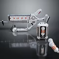 Futuristic Silver Weapon with Red Details and Mechanical Design alongside Companion Devices and Cylindrical Components