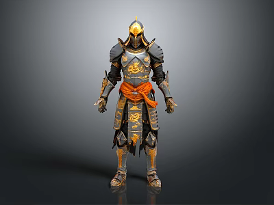3D Rendered Samurai Armor in Black and Gold with Orange Sash and Ornate Details 3d model